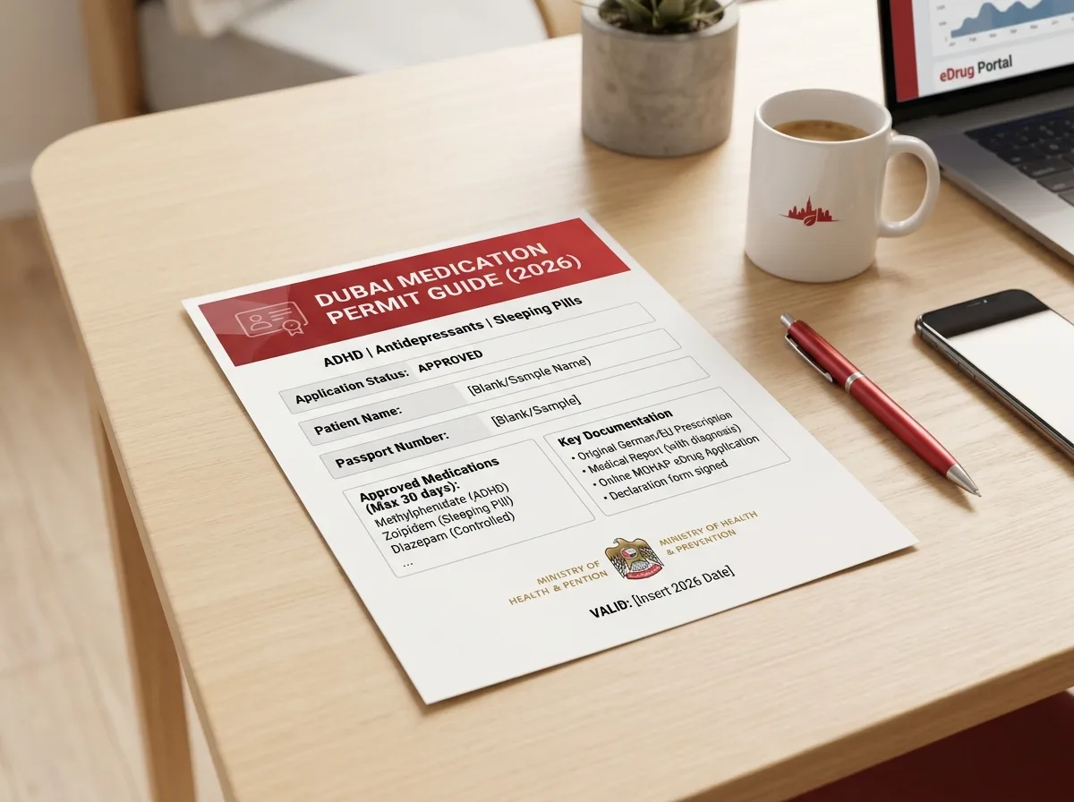 A Dubai medication permit guide is on a light wooden desk next to a red pen, a white mug, a phone, and a laptop.