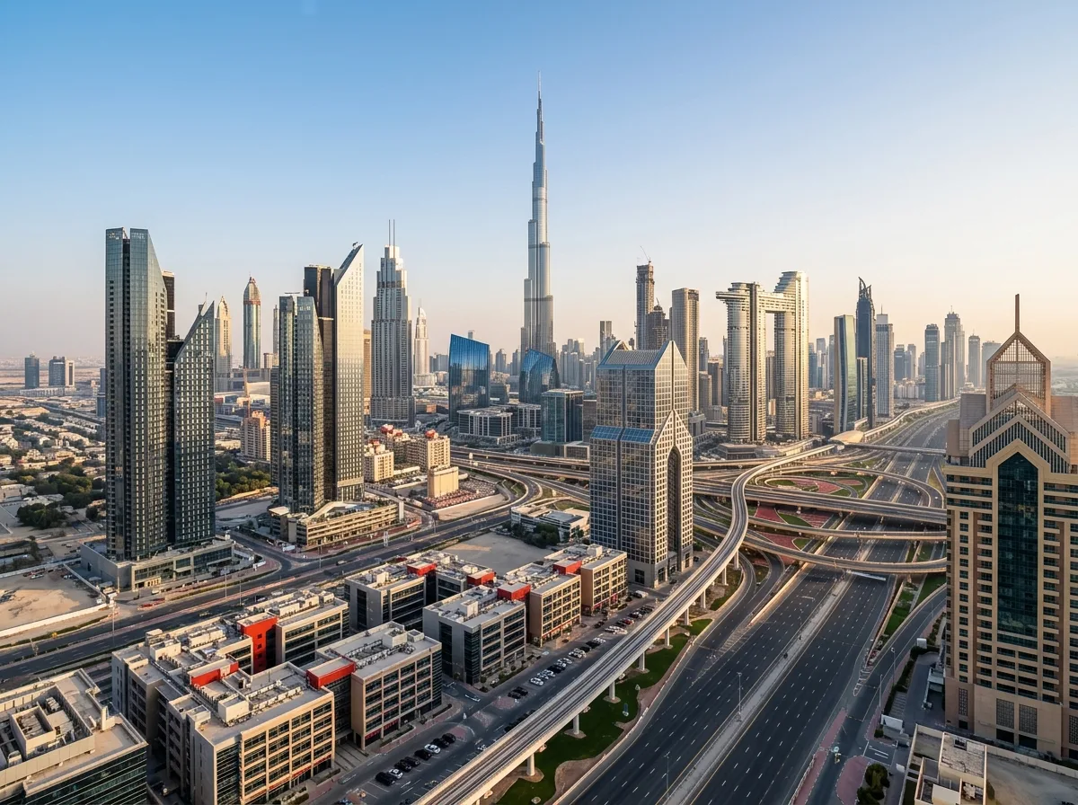 An aerial view of Dubai's skyline with the Burj Khalifa towering over numerous skyscrapers and a complex highway interchange.