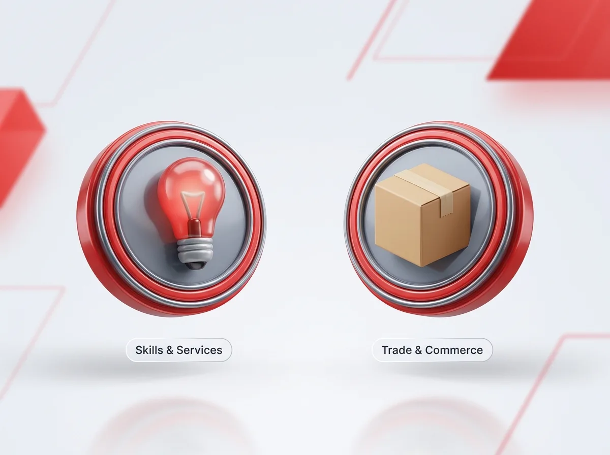 Two 3D badges: a red lightbulb labeled Skills and Services and a cardboard box labeled Trade and Commerce.