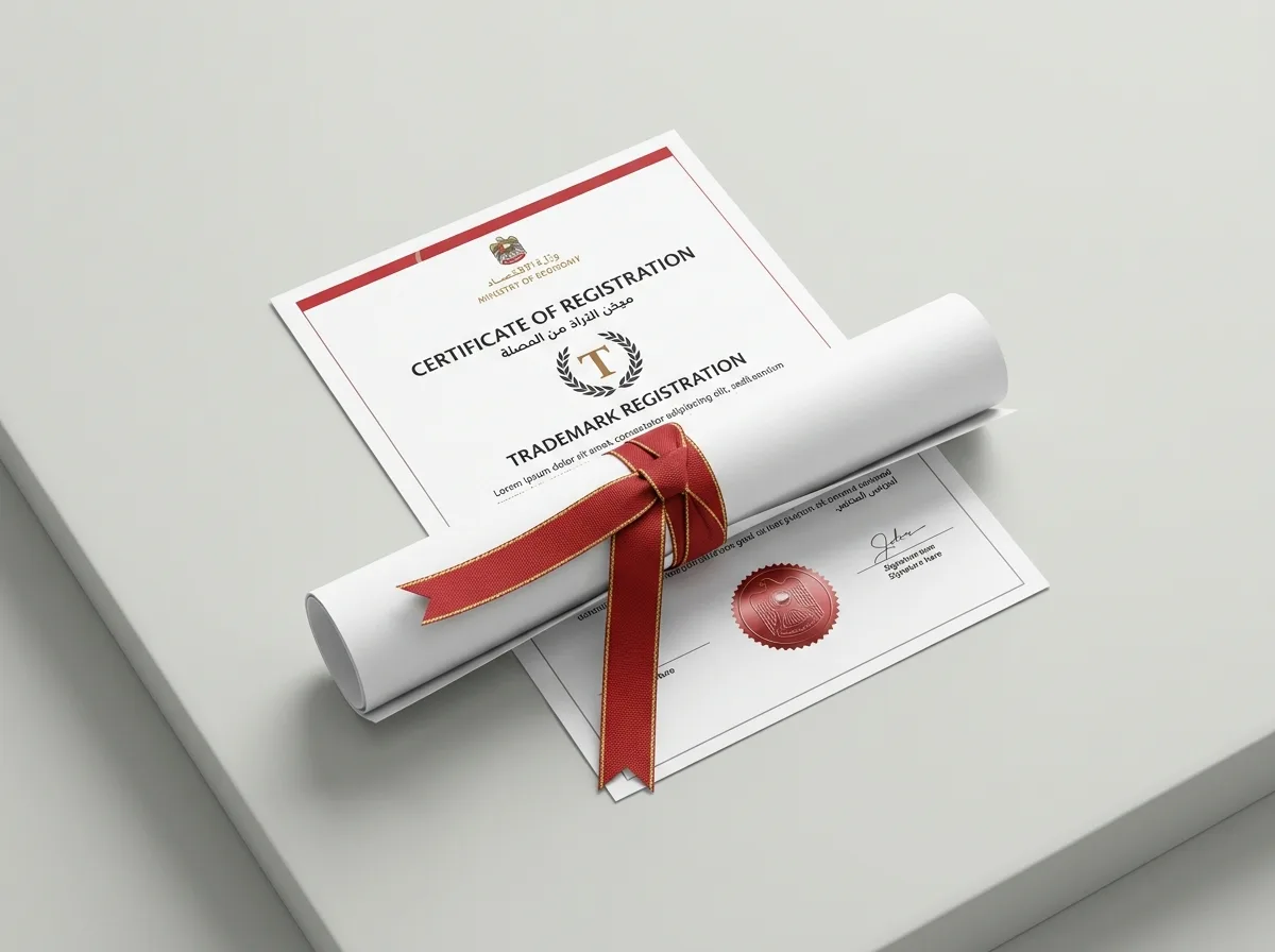 A white certificate with a red border and a rolled-up document tied with a red ribbon sit on a light gray surface.
