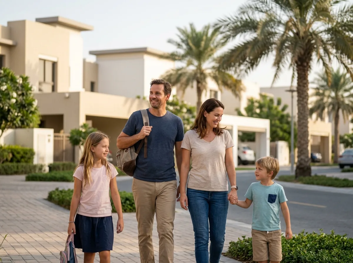 A family of four, a man, woman, girl, and boy, walk along a paved path in a residential area with palm trees and modern.