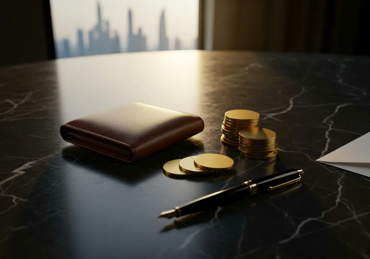 Brown leather wallet with stack of polished gold coins and matte black fountain pen on dark marble desk, blurred Dubai skyline behind.