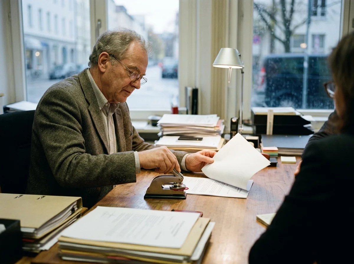 An older man in glasses and a tweed jacket uses an embosser on a document at a wooden desk.