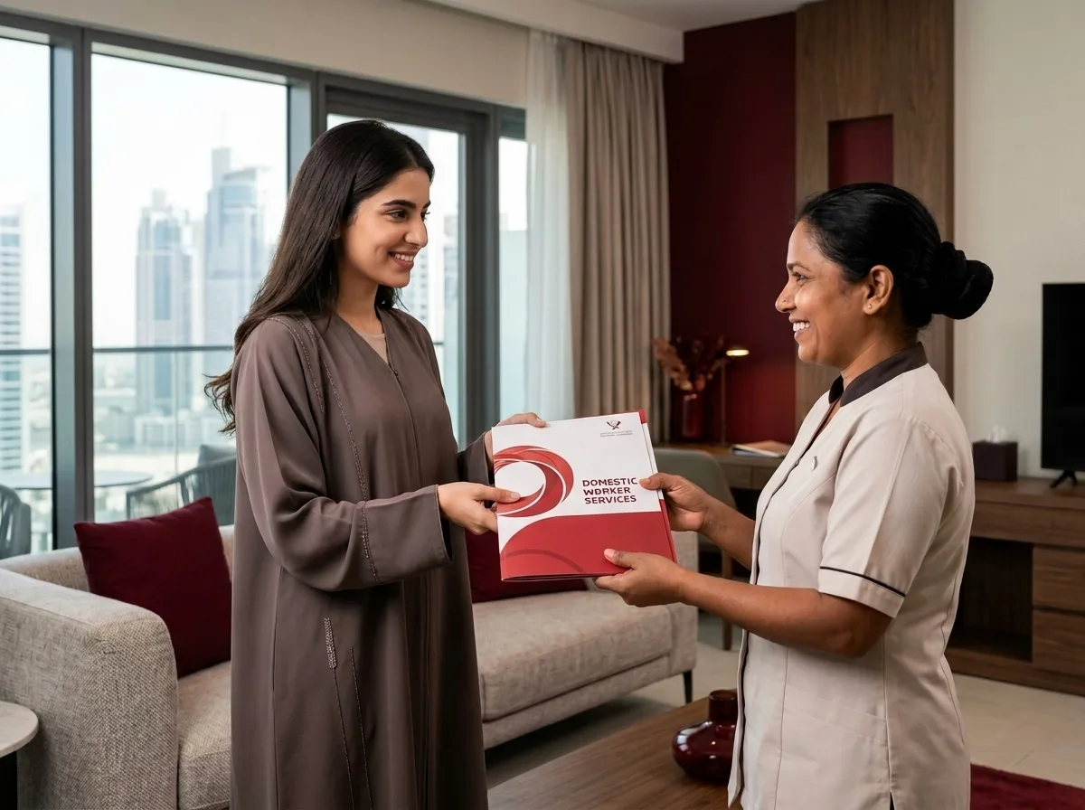 Two smiling women exchange a red and white folder in a modern apartment with a city view.