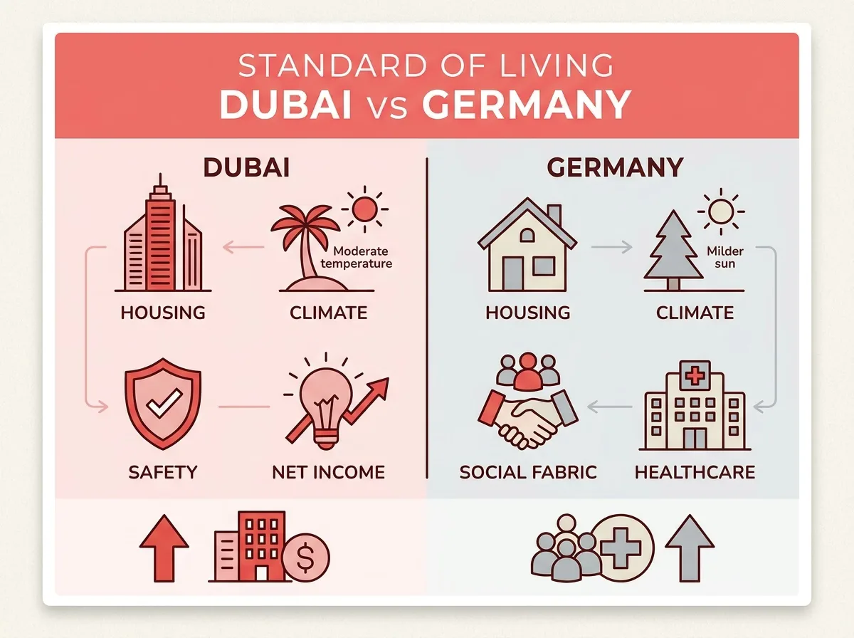 Eine Infografik vergleicht den Lebensstandard in Dubai und Deutschland mit Symbolen für Wohnen, Klima.