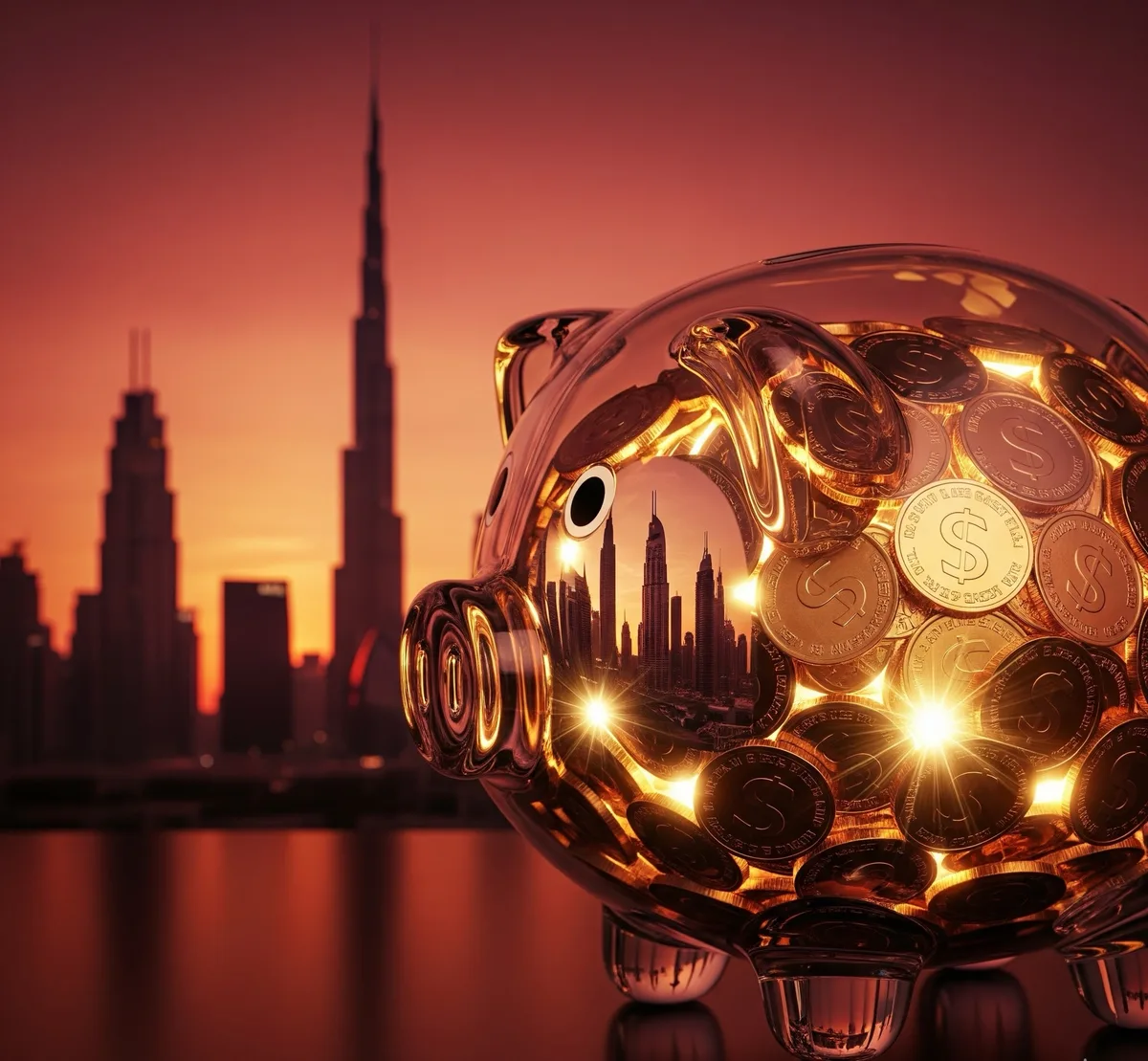 Transparent piggy bank filled with coins against the Dubai skyline at sunset. The reflection of skyscrapers is visible. Warm, glowing ambiance.