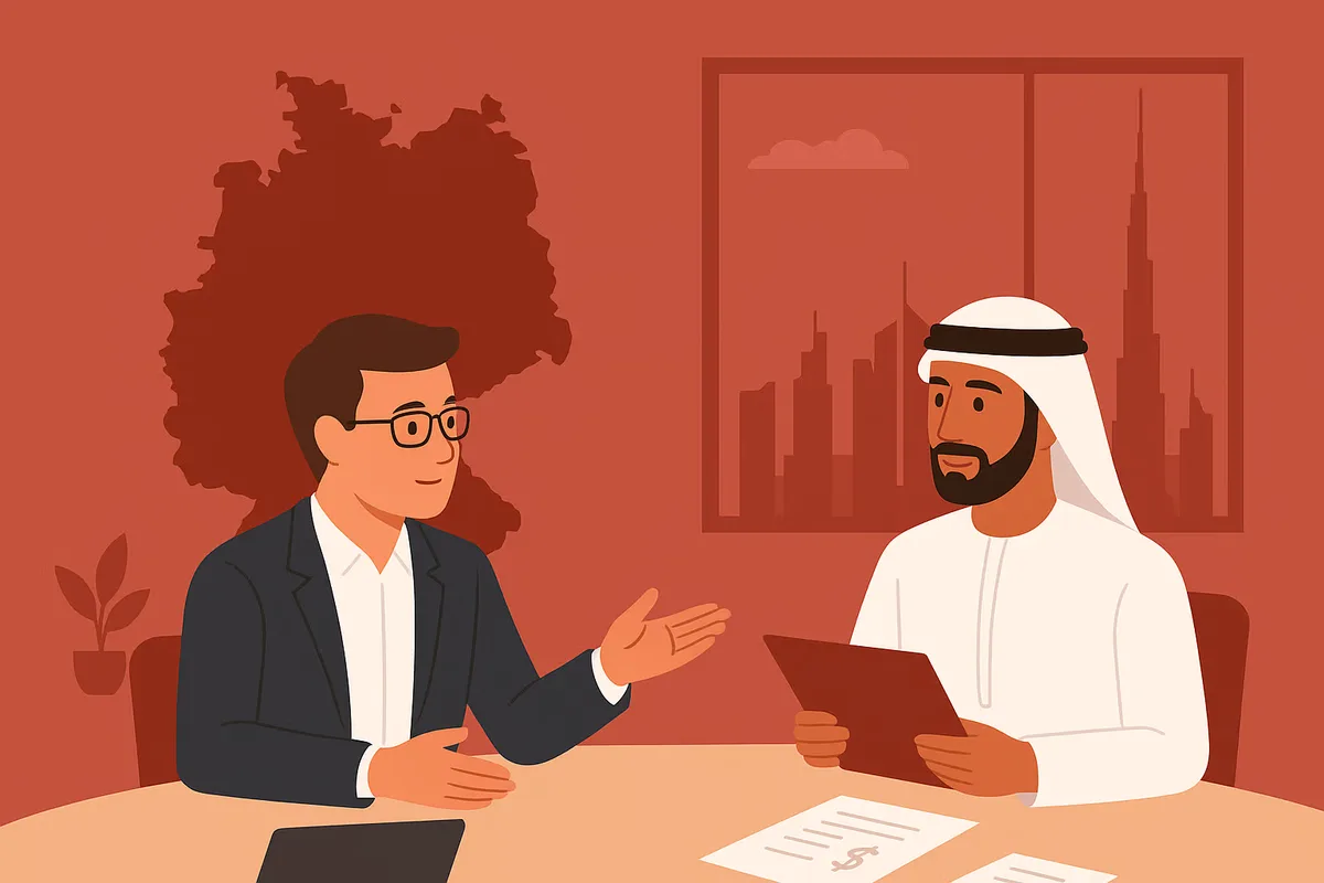 Zwei Männer, ein Deutscher und ein Emirati, diskutieren an einem Tisch, mit einer Deutschlandkarte und der Skyline von Dubai im Hintergrund.