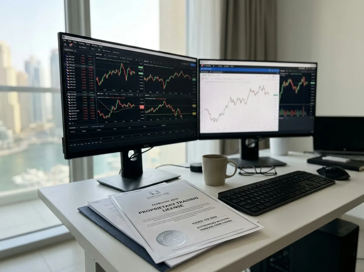 Zwei Monitore zeigen Handelsdiagramme auf einem weißen Schreibtisch mit einer proprietären Handelslizenz.