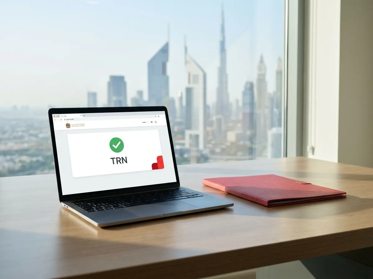 Ein Laptop auf einem Holztisch zeigt "TRN" mit einem grünen Häkchen, mit Blick auf eine Stadtlandschaft mit Wolkenkratzern.