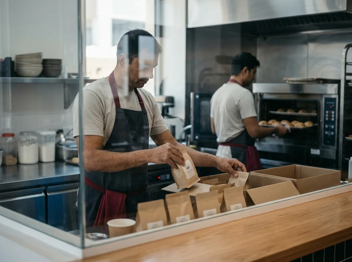 Two men in aprons work in a commercial kitchen; one packs items into boxes, the other puts pastries into an oven.