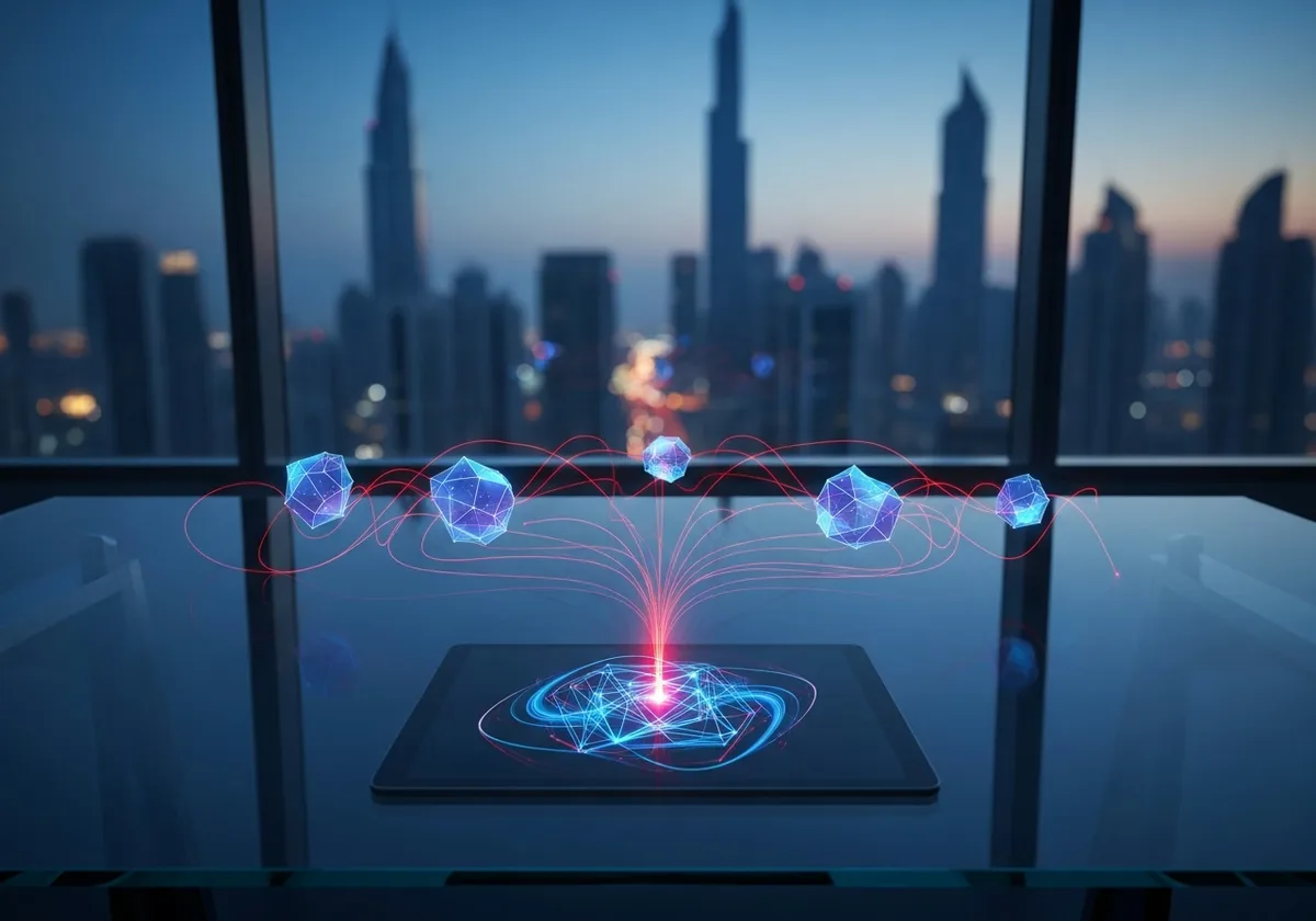 Eleganter Tablet mit leuchtenden Formen und roten Datenströmen, die zur Dubai-Skyline in der blauen Stunde fließen.