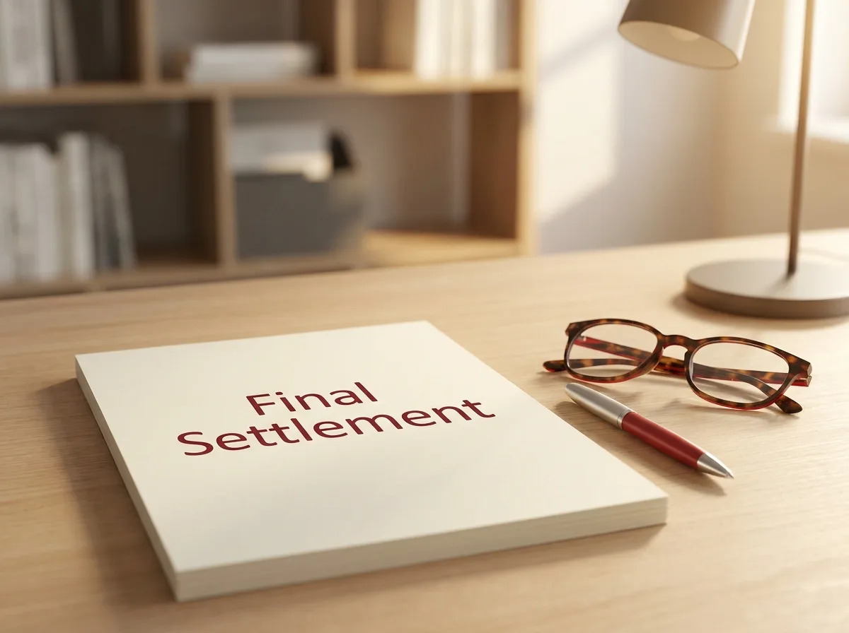 Ein Dokument mit dem Titel "Final Settlement" liegt auf einem hellen Holzschreibtisch.