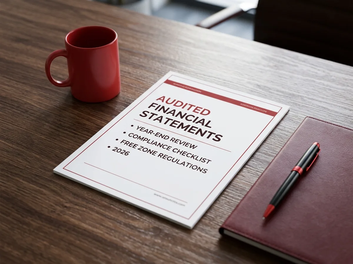 A red mug, a document titled "Audited Financial Statements," and a dark red notebook with a pen are on a wooden desk.