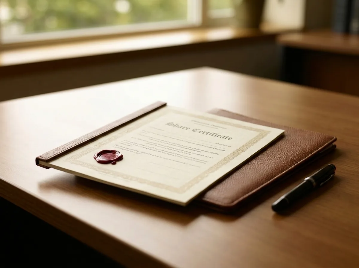 A "Share Certificate" document rests on a brown leather folder and wooden desk near a window. A black pen lies beside it.