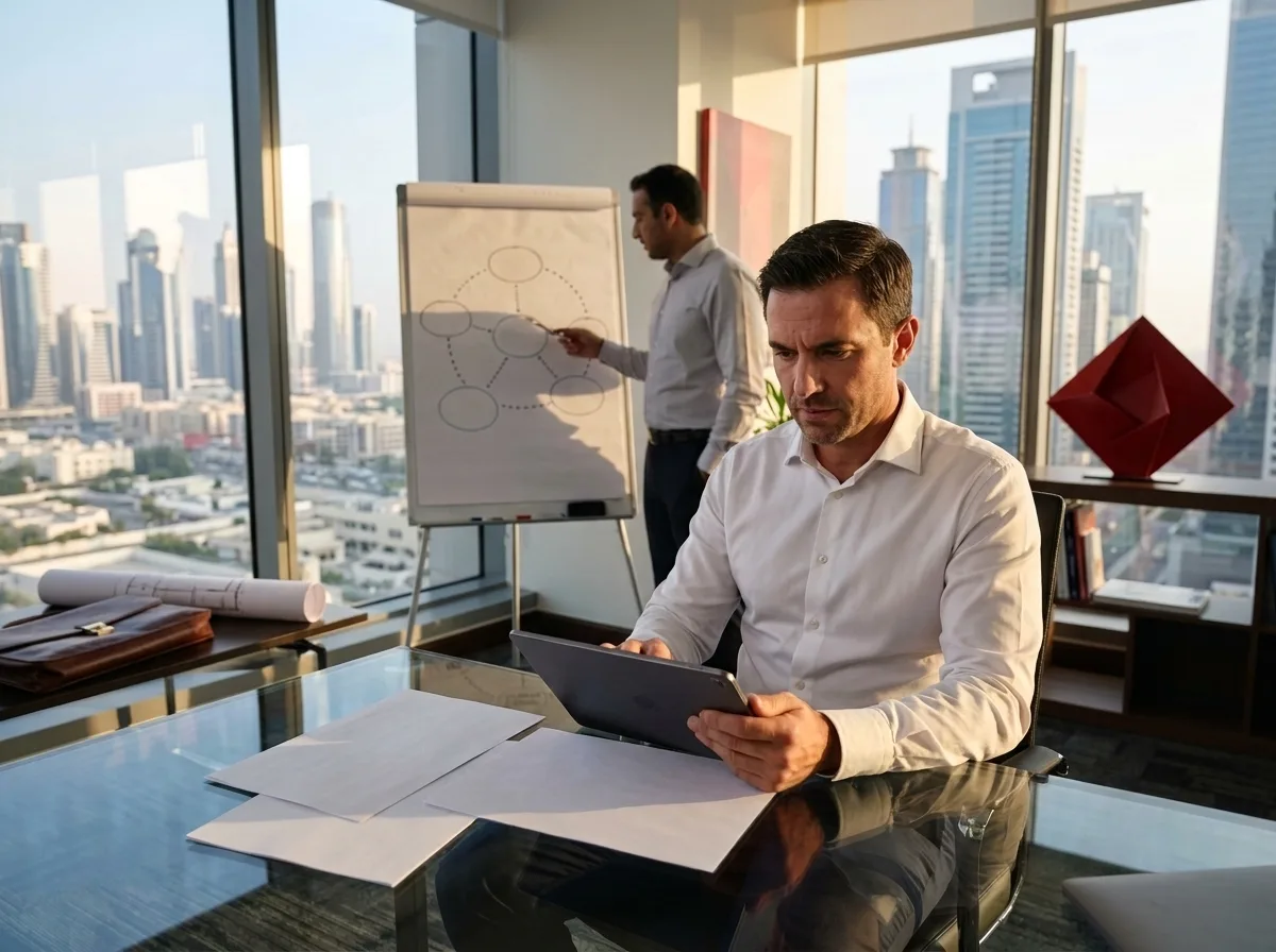 Two men in an office with a city view. One man sits at a glass desk using a tablet, while the other points at a flip chart.