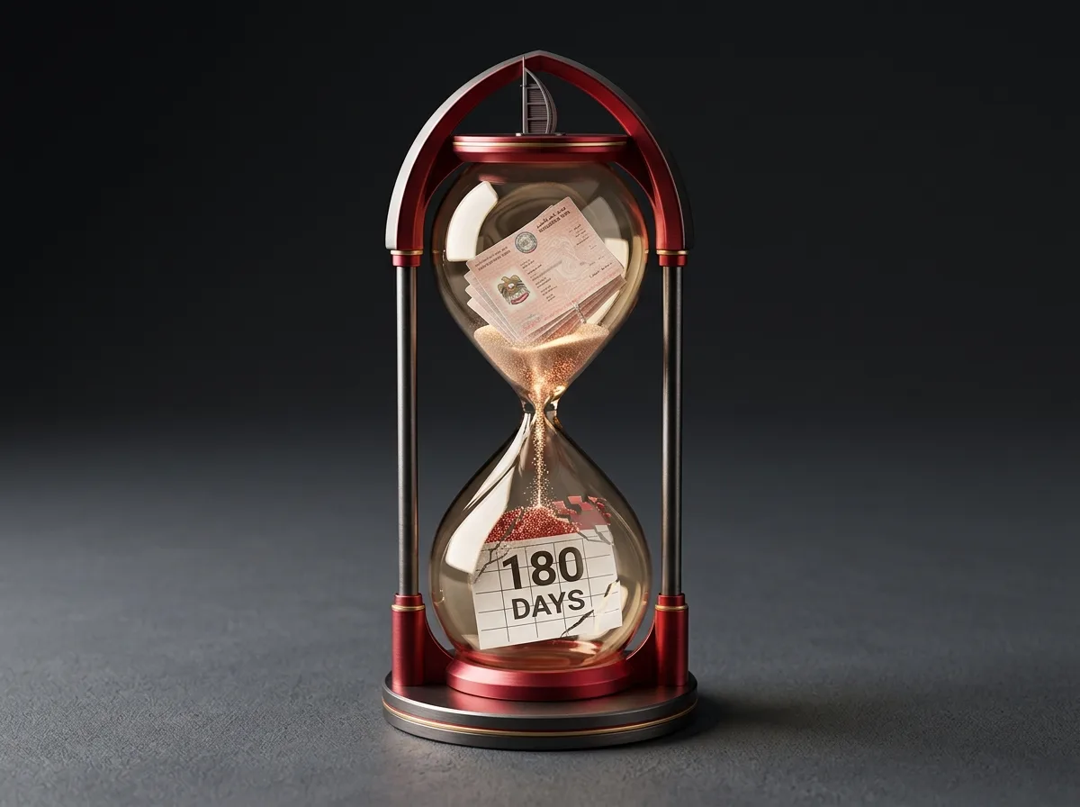 An hourglass with a red frame contains documents and sand. A calendar page with "180 DAYS" is visible at the bottom.