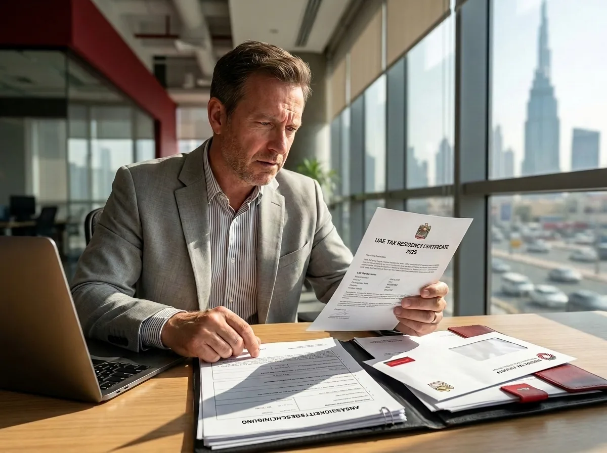 Ein Mann im grauen Anzug liest ein Dokument mit dem Titel "UAE Tax Residency Certificate" an einem Schreibtisch mit Laptop.