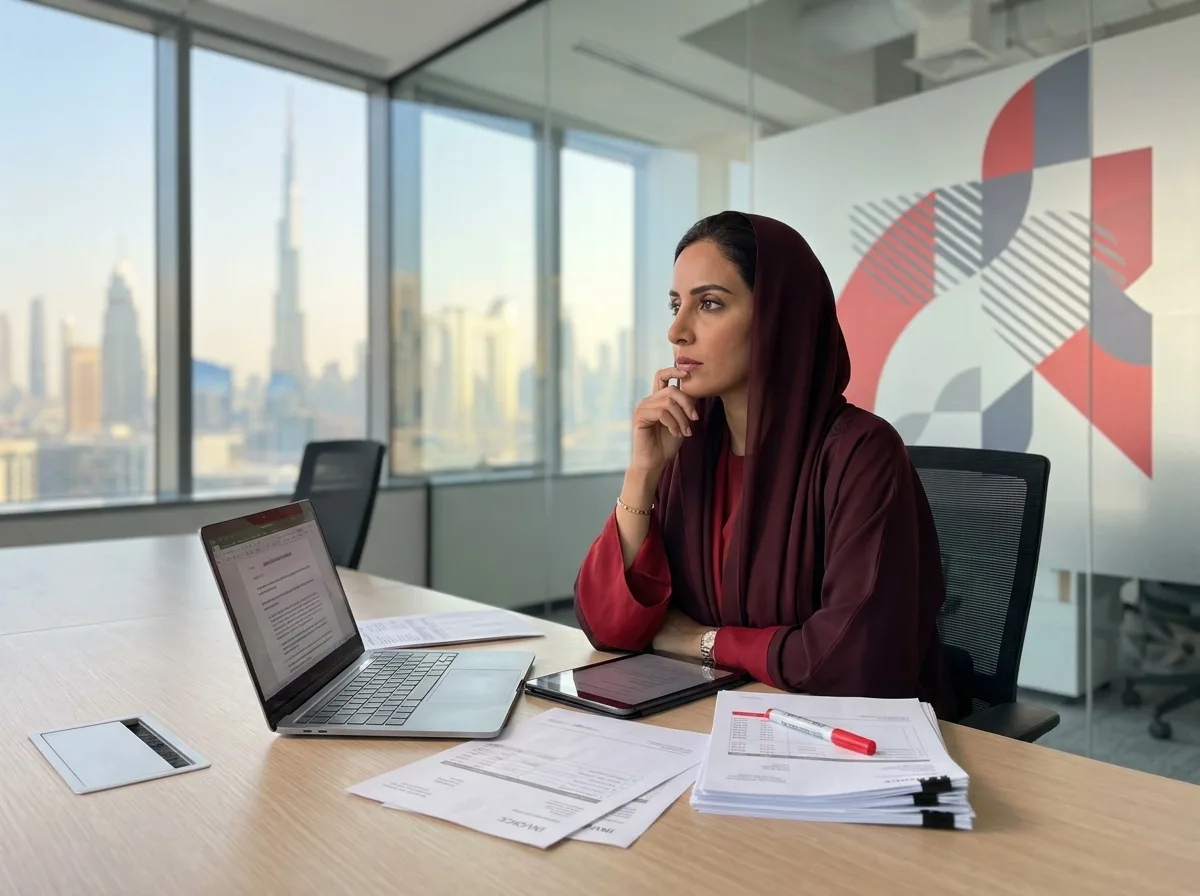 Eine Frau in roter Abaya und Hidschab sitzt an einem Schreibtisch mit einem Laptop und blickt aus einem Fenster.