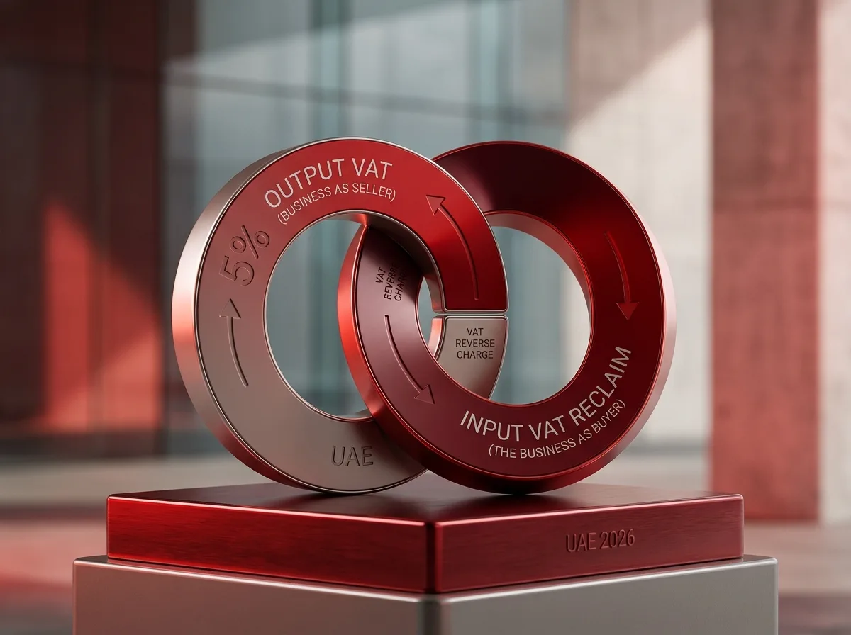 Two interlocking red and silver rings with text about VAT, on a red and silver base with "UAE 2026" on it.