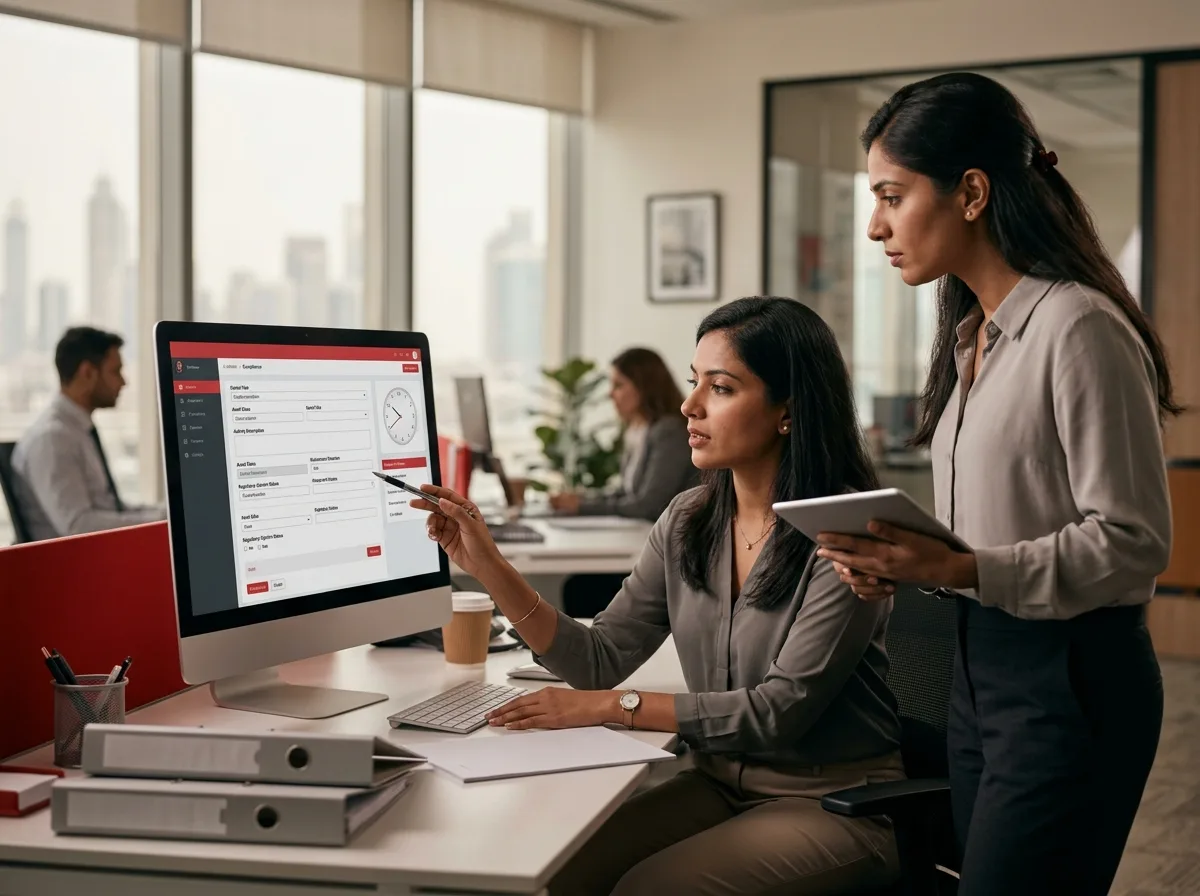 Zwei Frauen arbeiten an einem Computer in einem modernen Büro mit großen Fenstern und Blick auf eine Stadt.