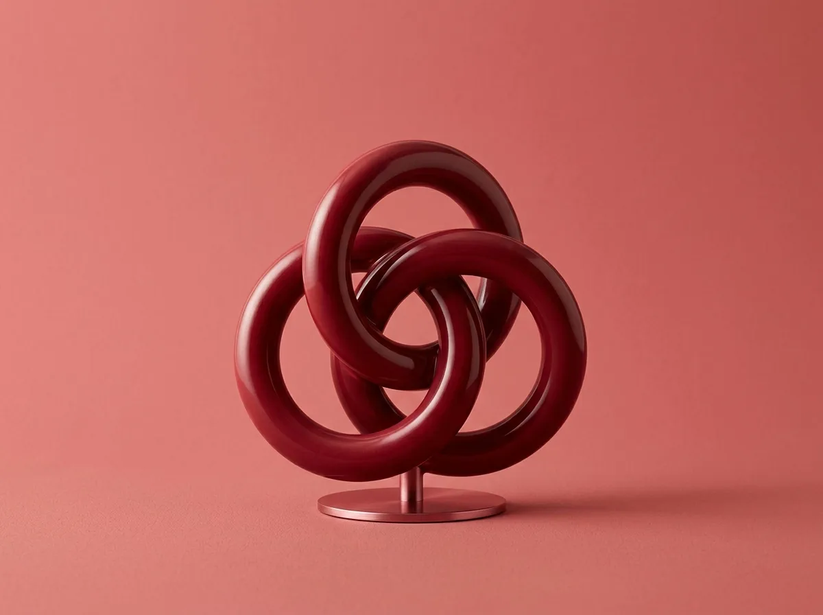 A glossy, dark red trefoil knot sculpture stands on a matching red base against a solid red background.